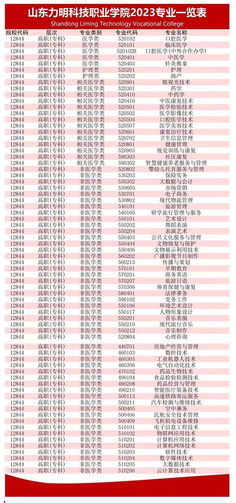 2023年山东力明科技职业学院志愿填报代码及招生计划